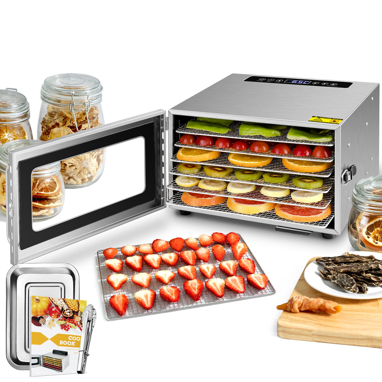 Kwasyo Stainless Steel Food Dehydrator, 6 Tray Fruit Dryer Machine with Free Recipe Book, BPA-Free, 30~90℃ Temperature Setting, Max 24h, Dehydrator Food Dryer UK for Vegetables, Meats, Chili-400W