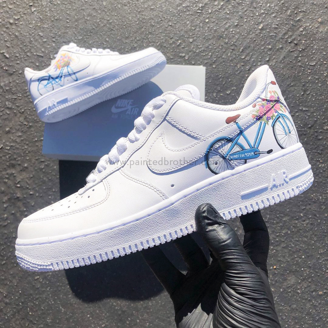 Custom Sneakers Painted Shoes Pink Rose and Bicycle Nike Air  Force 1's-paintedbrother