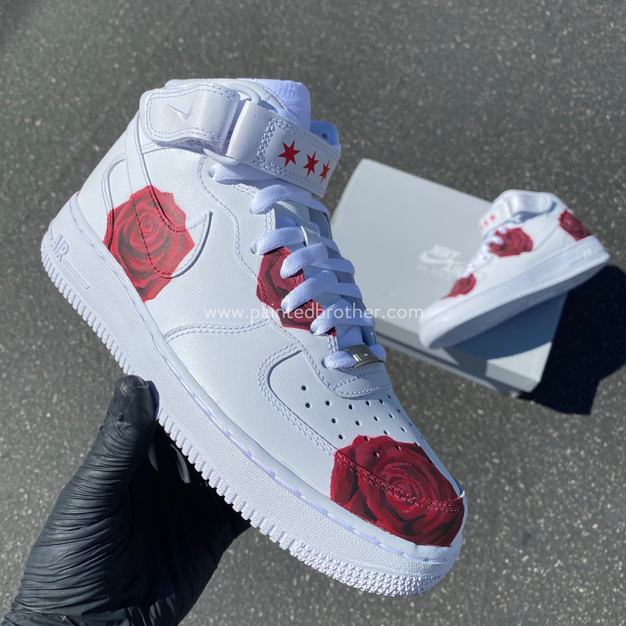 Custom Hand Painted Red Rose Nike Air Force 1 Mid-paintedbrother