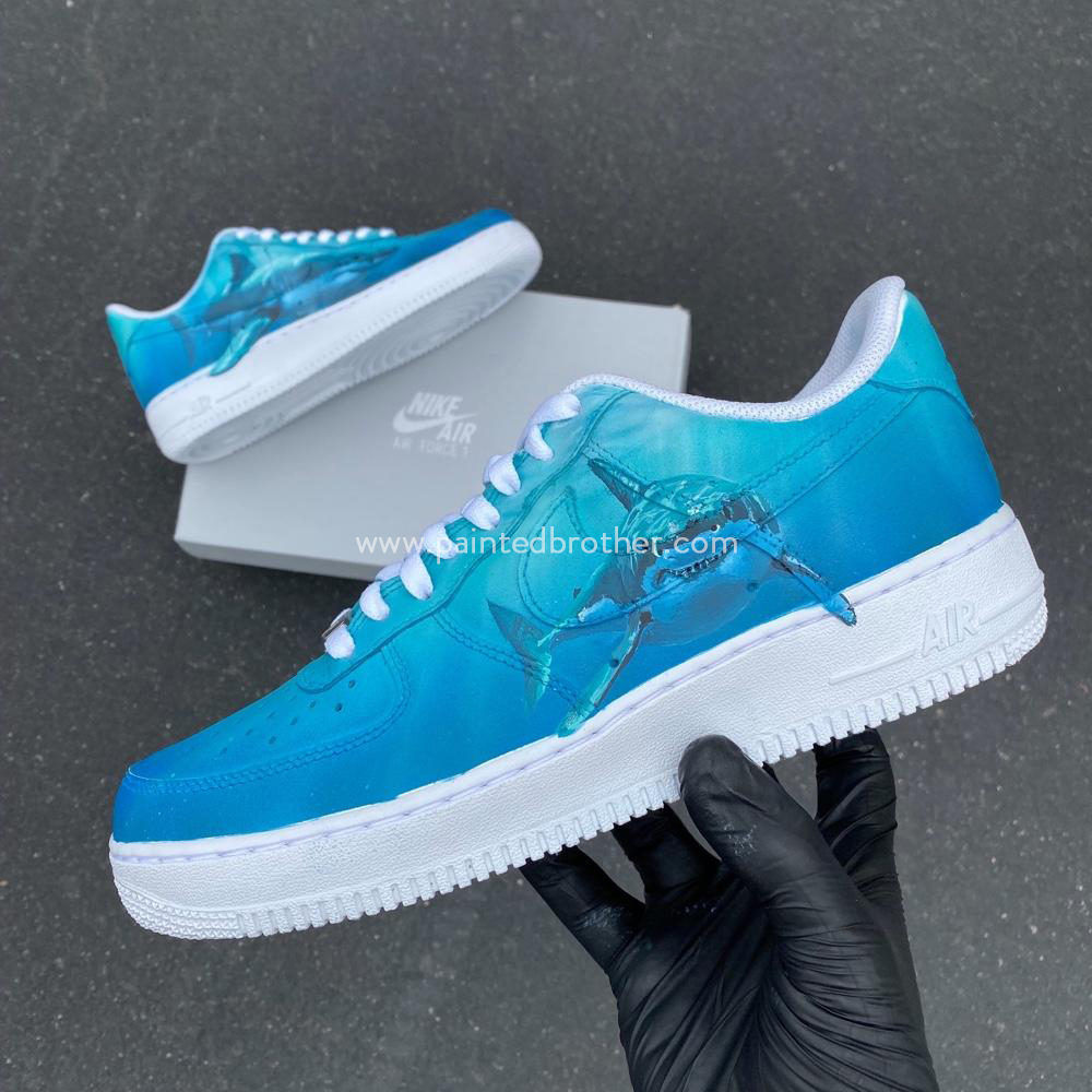 Custom Shoes Great White Shark Theme Hand Painted Nike Air Force 1 Low-Top -paintedbrother