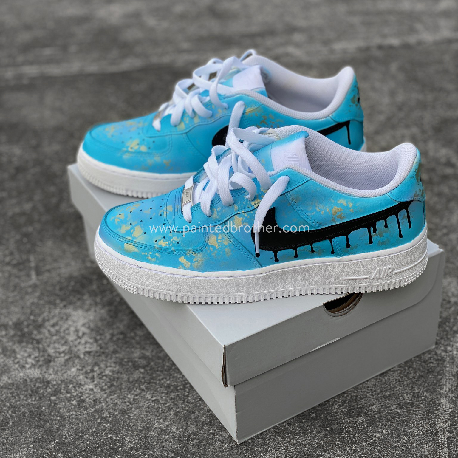 Custom Hand Painted Gold Speckled Blue Drip Nike Air Force 1