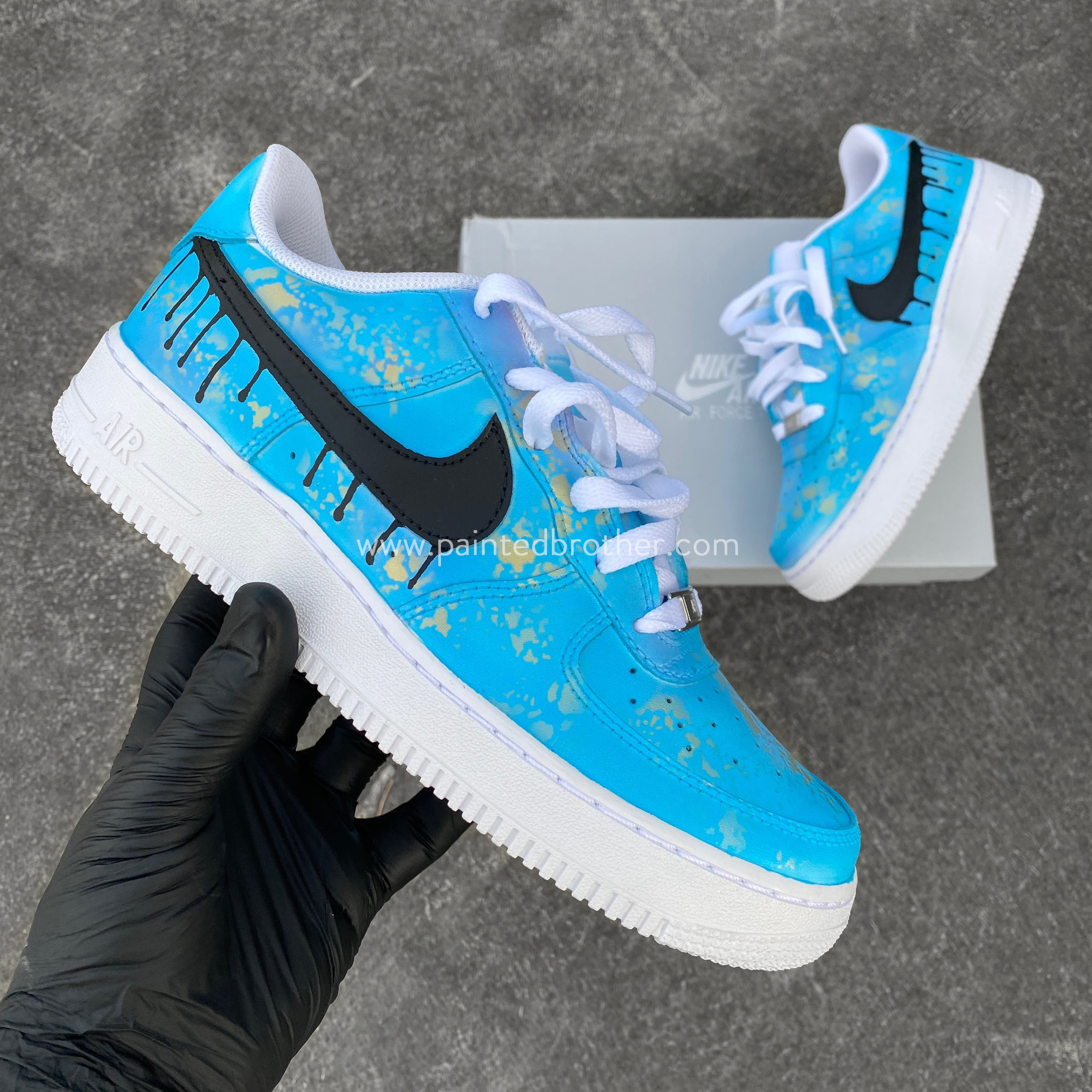 Custom Hand Painted Gold Speckled Blue Drip Nike Air Force 1-paintedbrother