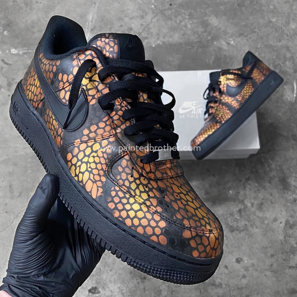Custom Painted Shoes Snakeskin Pattern Black Gold Force 1-paintedbrother
