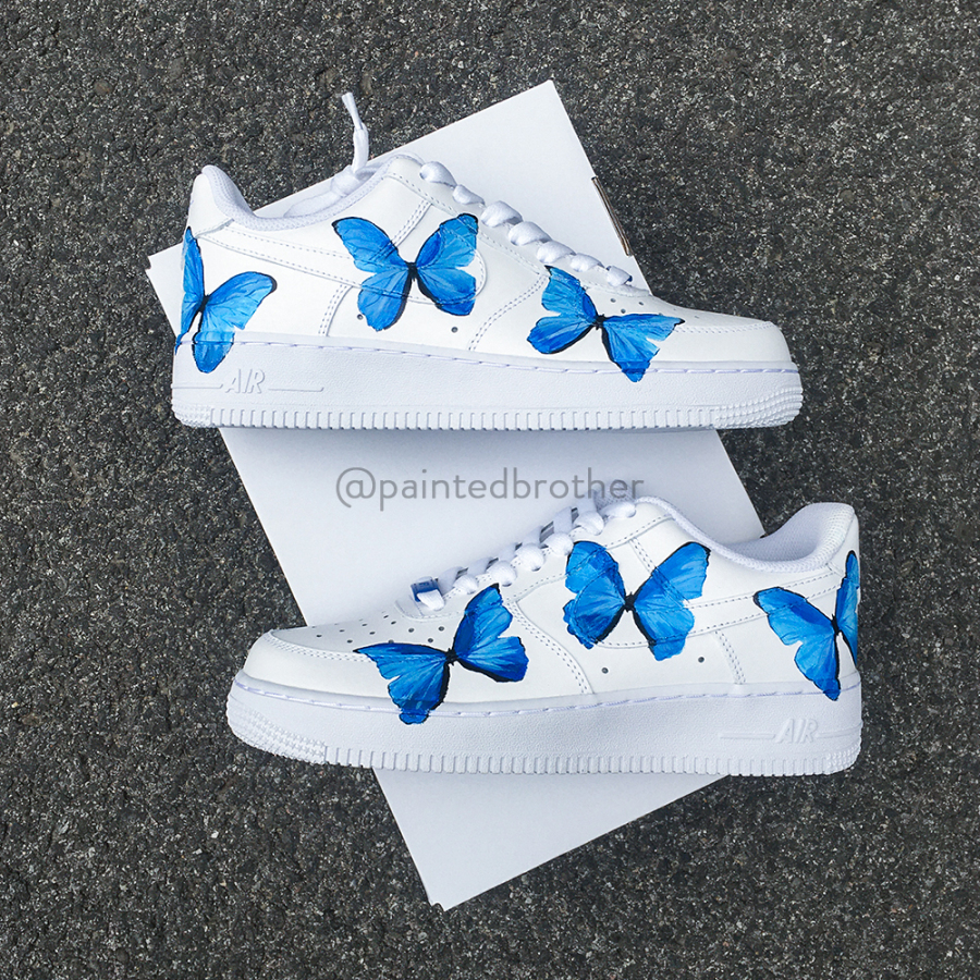 white air forces with blue butterflies