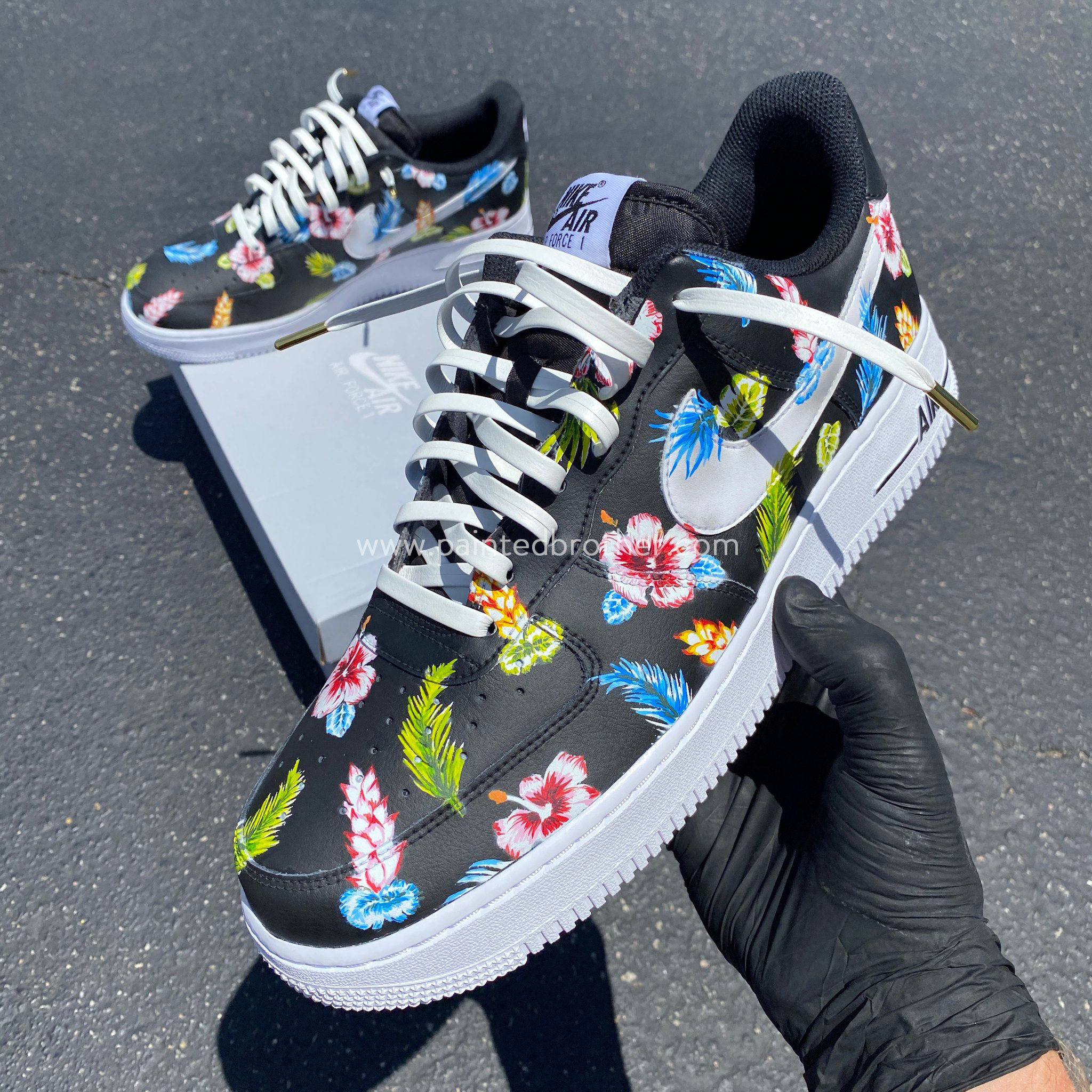 Custom Hand Painted Tropical Floral Black Nike Air Force 1 Low-paintedbrother