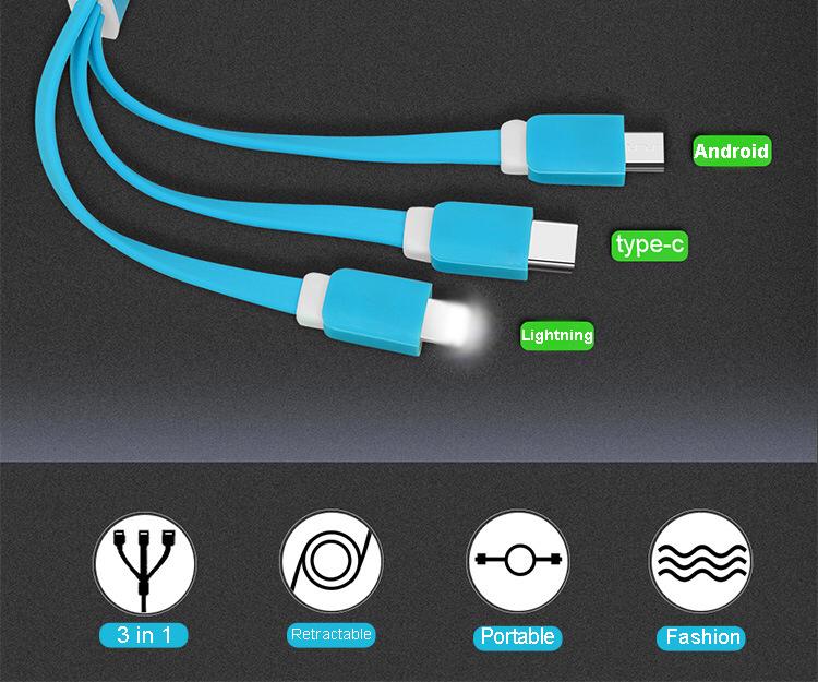 Customized 3-in-1 Retractable Charging Cable Fast Charging Dual USB Cable for phone