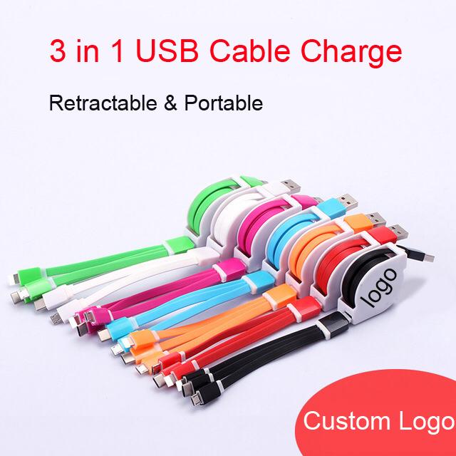 Customized 3-in-1 Retractable Charging Cable Fast Charging Dual USB Cable for phone
