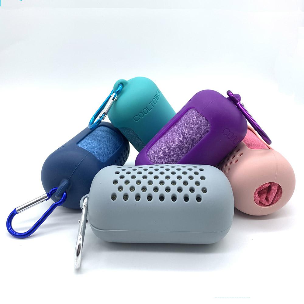 Custom Portable Quick Drying Cooling Towel With Silicone Case For Sports, Gym, Yoga