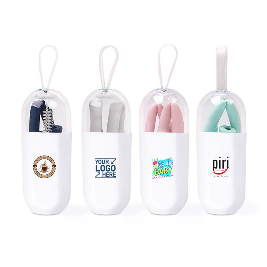 Wholesale Custom Logo Reusable Silicone Drinking Straws with Portable Case and Brush
