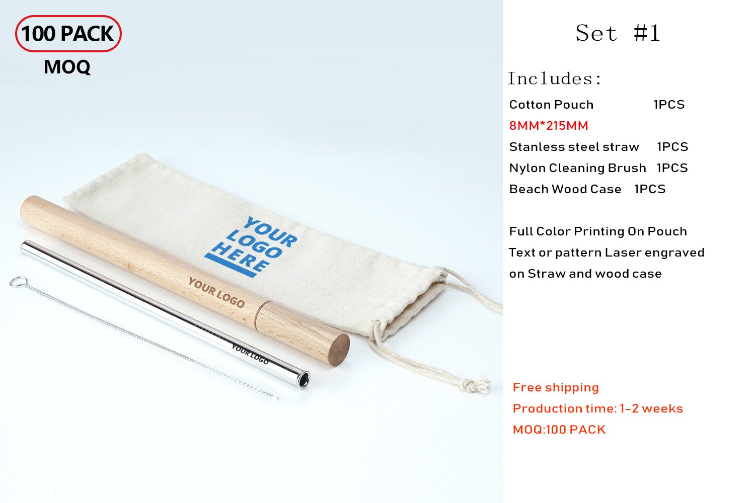 Wholesale Stainless Steel Metal Reusable Drinking Straws with Wood Travel Case & Cleaning Brush