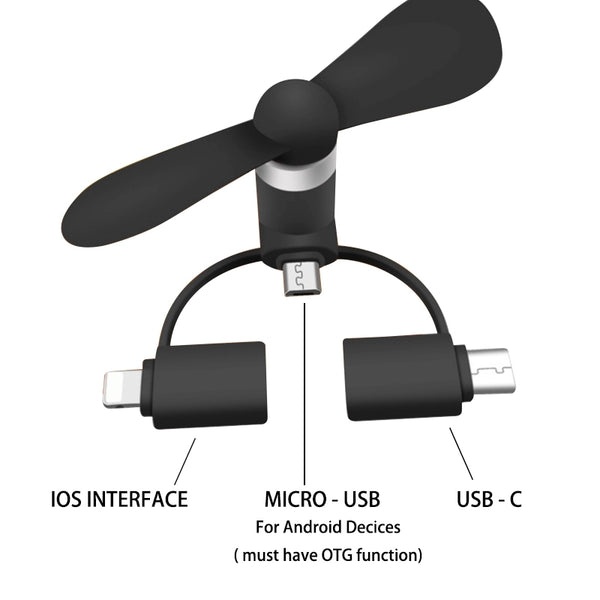 Custom 3 in 1 Mini fan For Android, iPhone and Type C Device