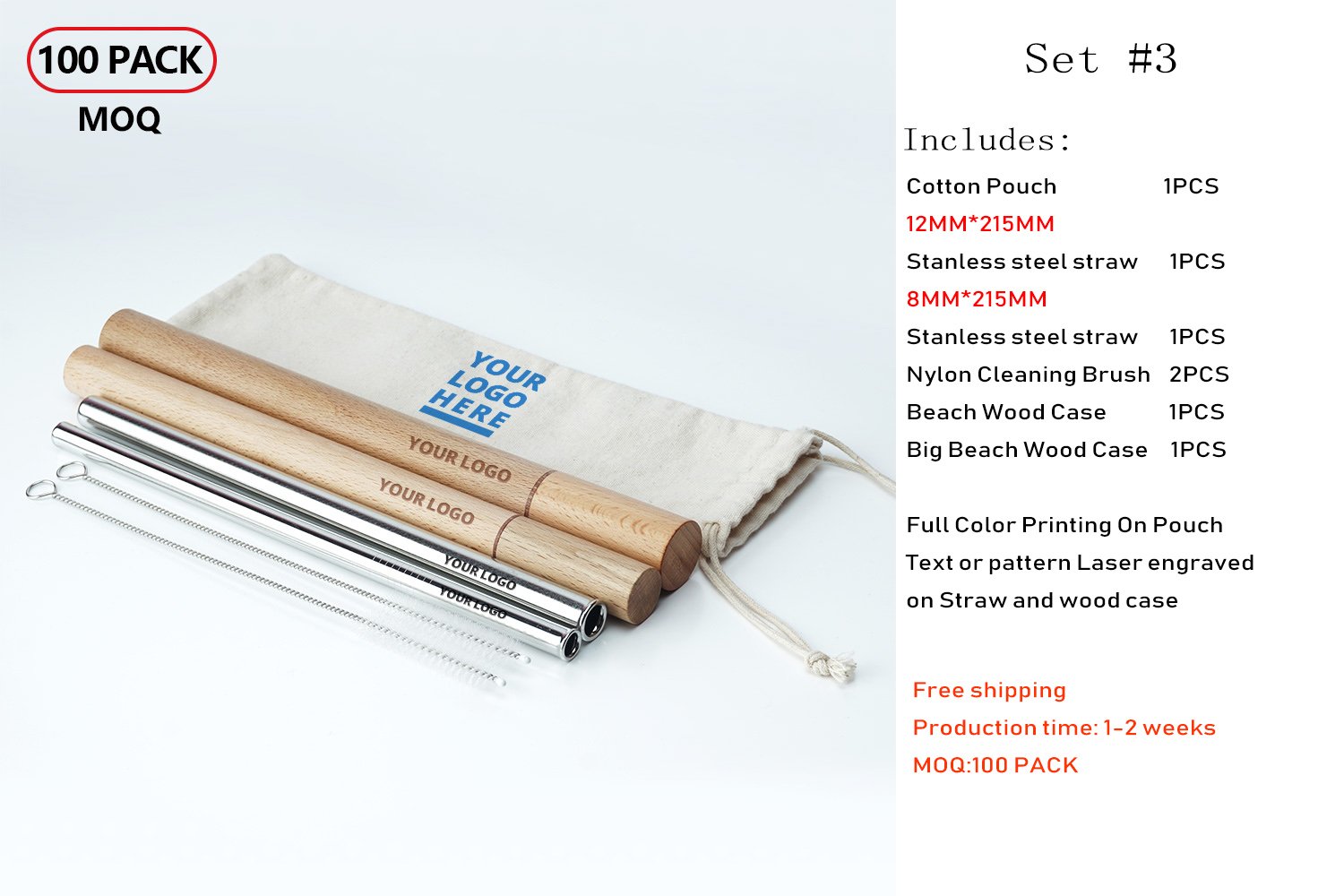 Wholesale Stainless Steel Metal Reusable Drinking Straws with Wood Travel Case & Cleaning Brush