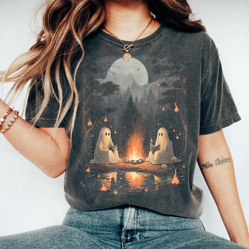 Vintage Ghost Book Reading Camping T-shirt
