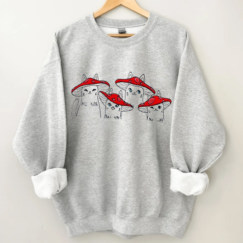 Mushroom Cats Embroidered Crewneck Sweatshirt