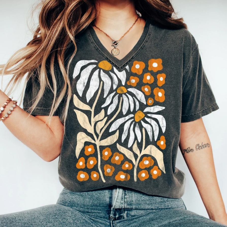 Boho Wildflowers Floral Nature V-Neck T-shirt
