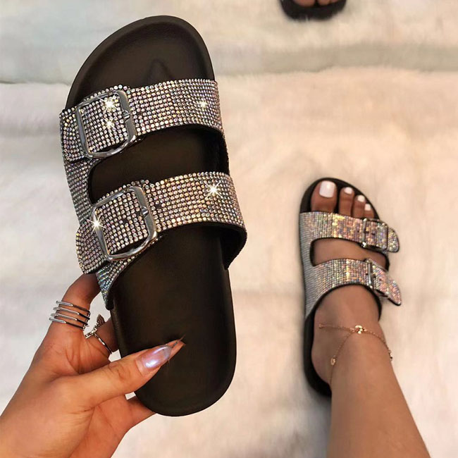 Fashion Double Buckle Rhinestone Flat Sandals