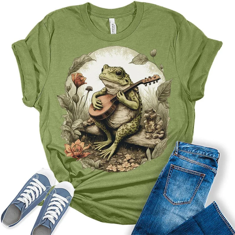Frog Playing Instrument On Log T-Shirt 