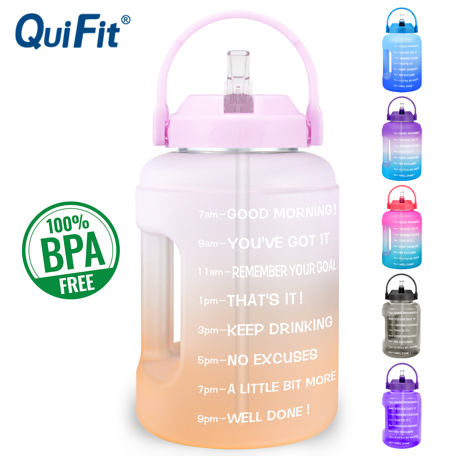 QuiFit 2L Portable Motivational Water Bottle with Straw & Time Marked Tritan 