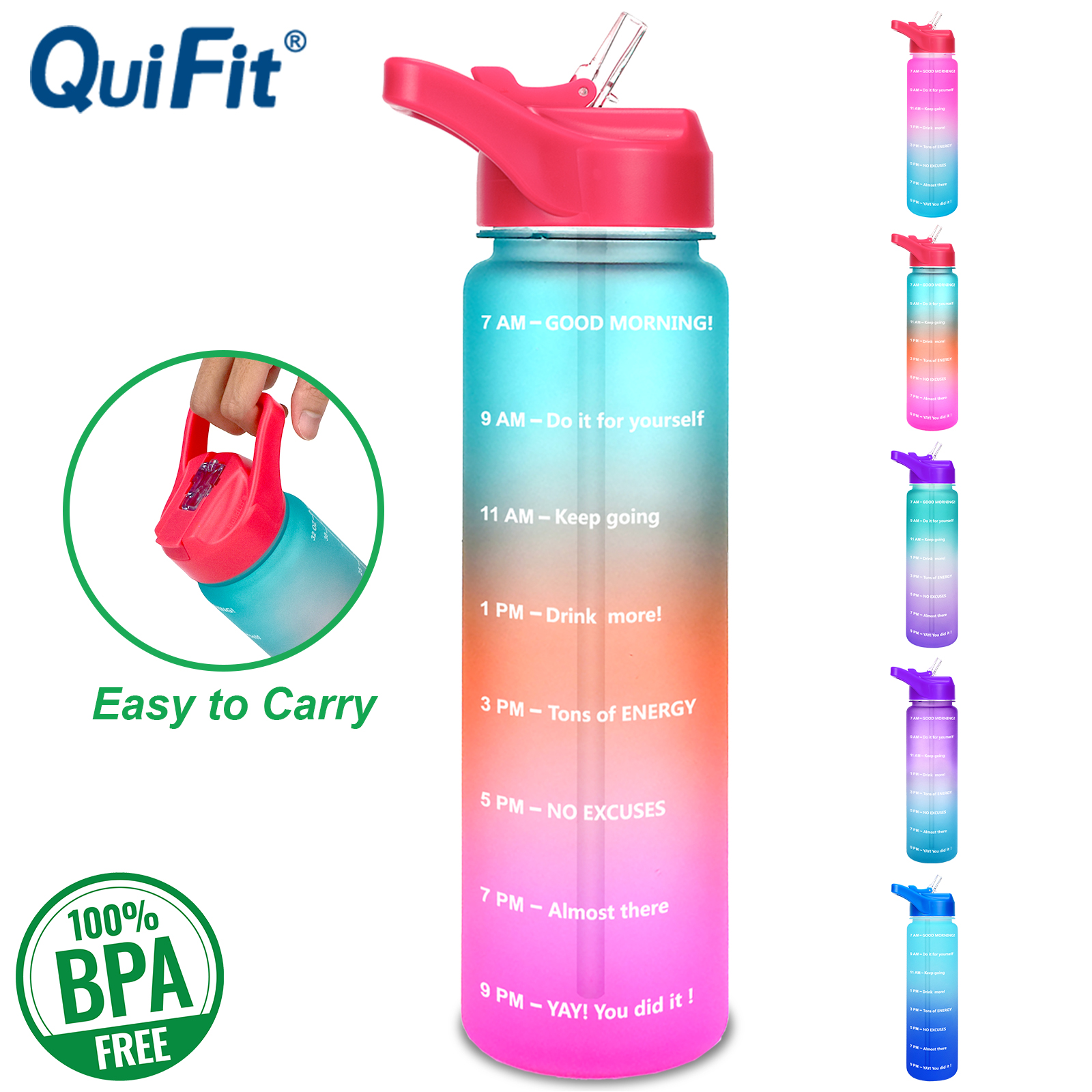 QuiFit 1 Litre Running Water Bottle with Straw, 1000 ML 32oz BPA