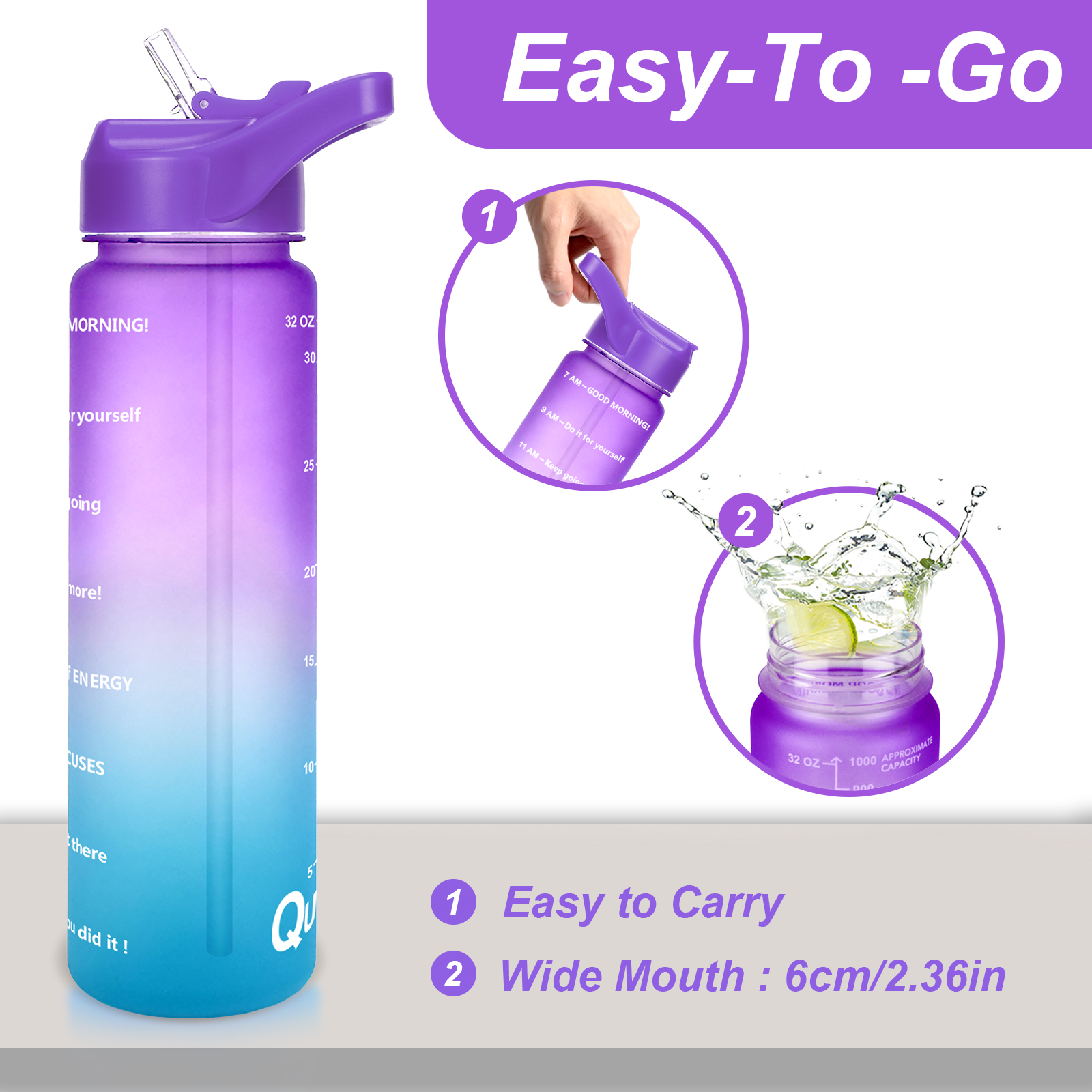 QuiFit 1 Litre Running Water Bottle with Straw, 1000 ML 32oz BPA