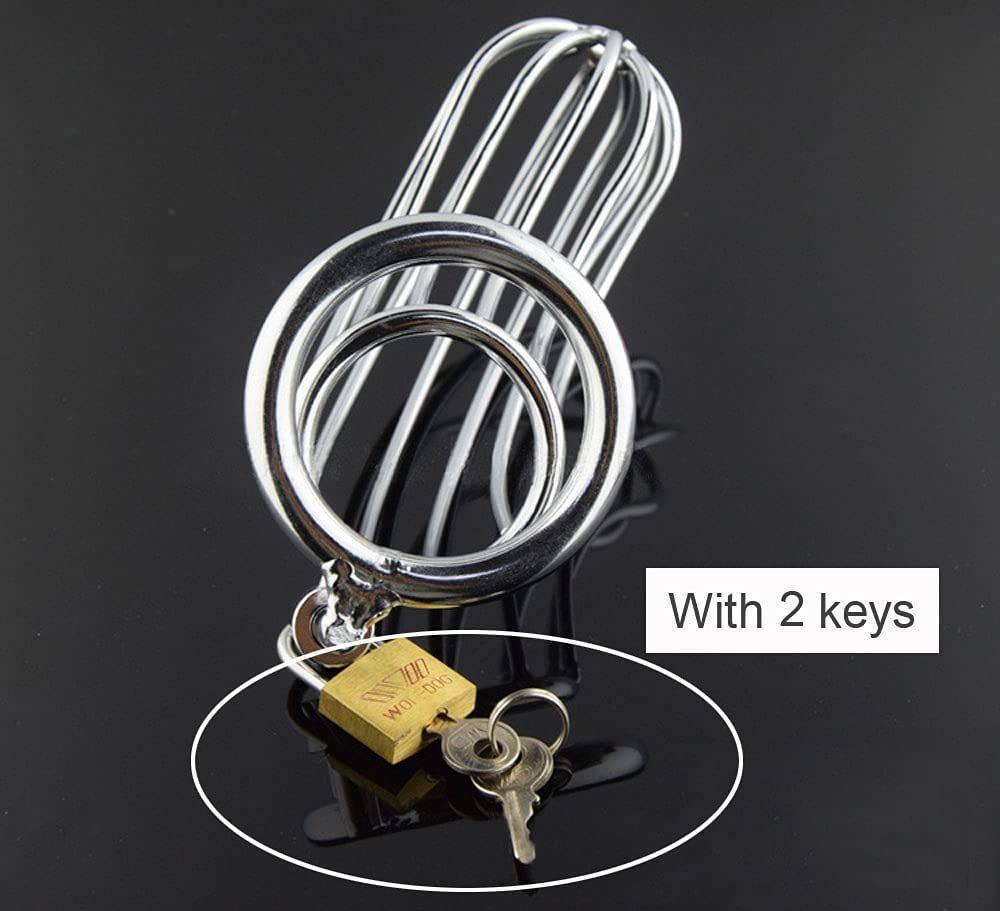 Male Chastity Device Cock Cage Steel Metal Silver Locked Cage Sex Toy for Men (3 Rings), Lock and 2 Keys Included