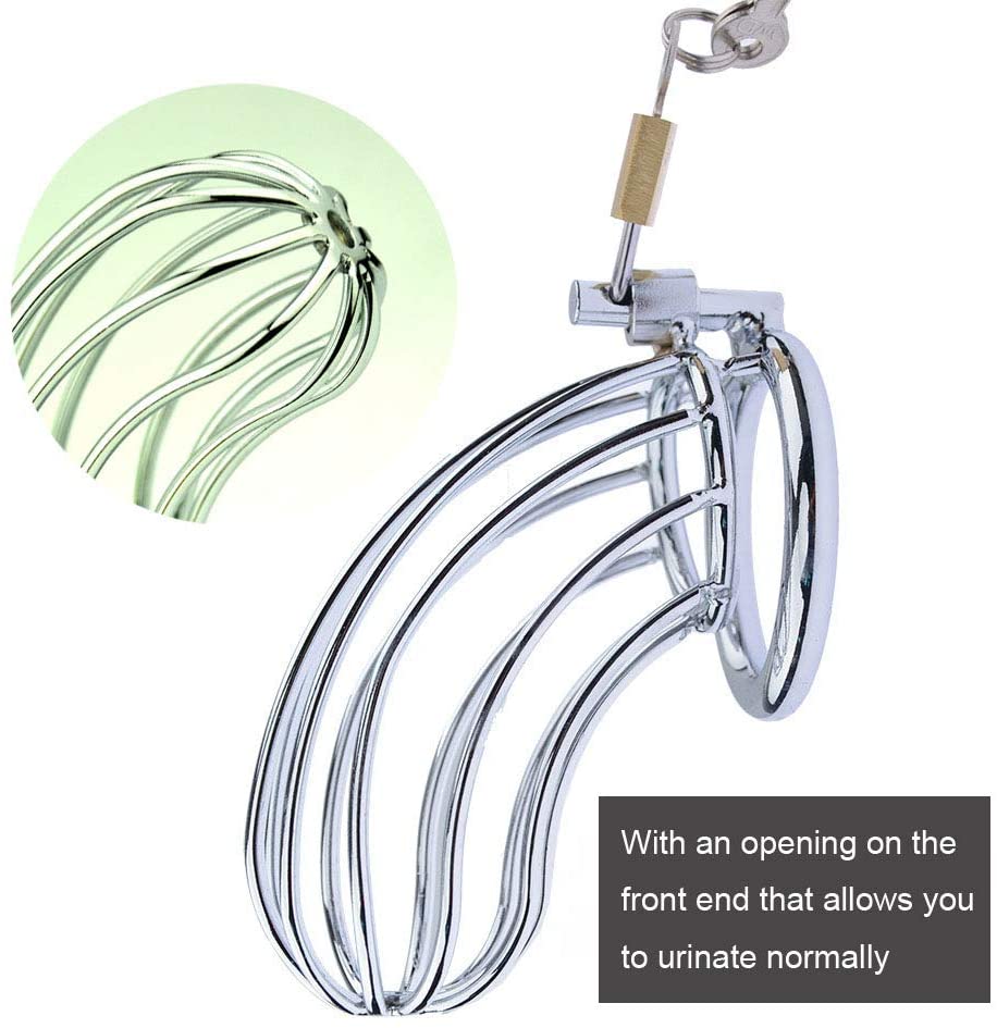 Male Chastity Device Cock Cage Steel Metal Silver Locked Cage Sex Toy for Men (3 Rings), Lock and 2 Keys Included