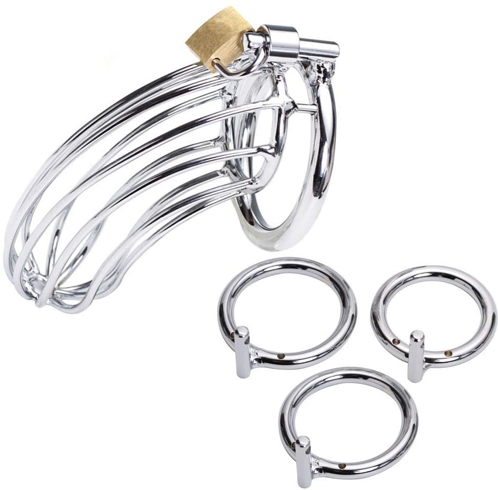 Male Chastity Device Cock Cage Steel Metal Silver Locked Cage Sex Toy for Men (3 Rings), Lock and 2 Keys Included