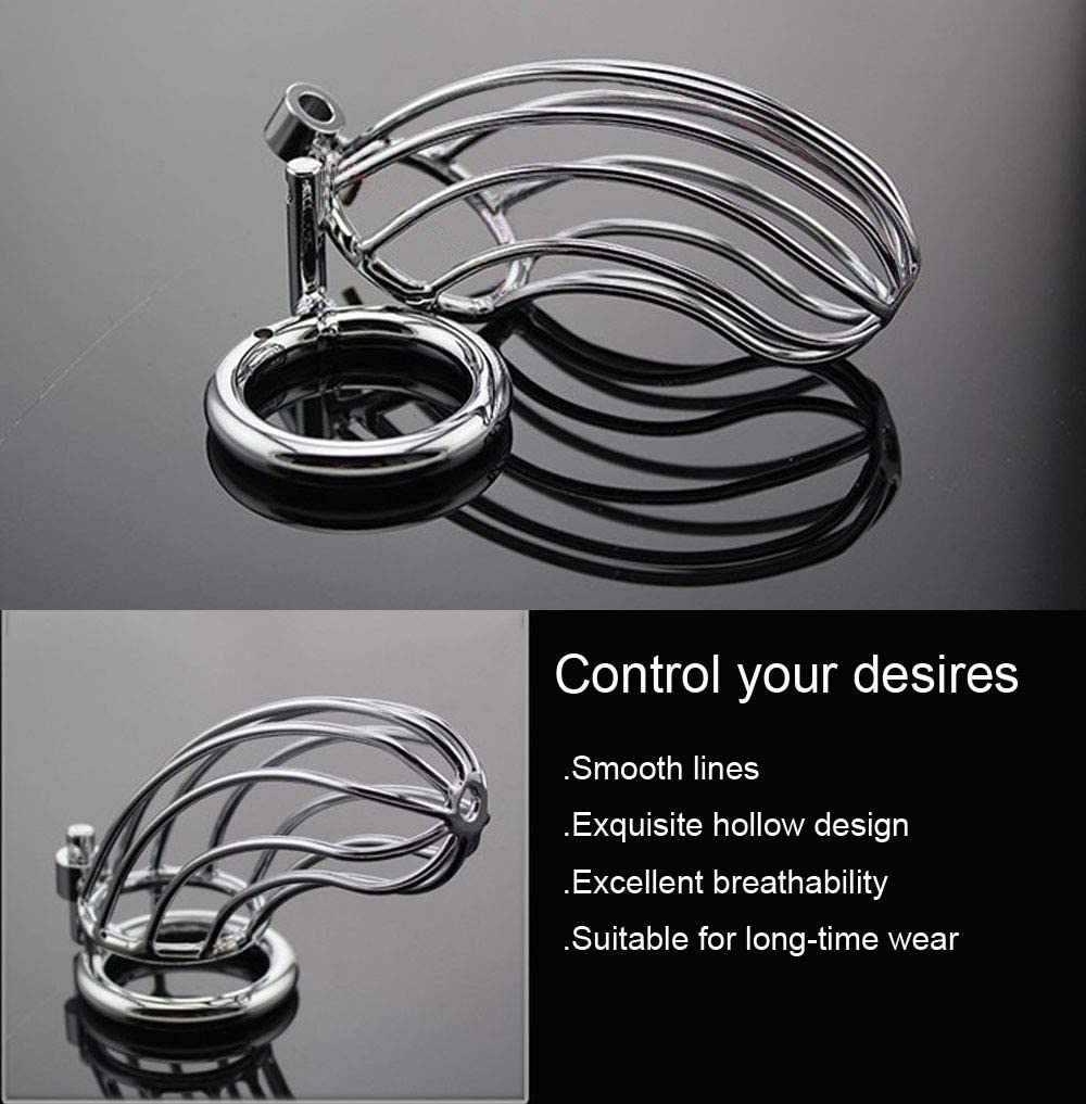 Male Chastity Device Cock Cage Steel Metal Silver Locked Cage Sex Toy for Men (3 Rings), Lock and 2 Keys Included