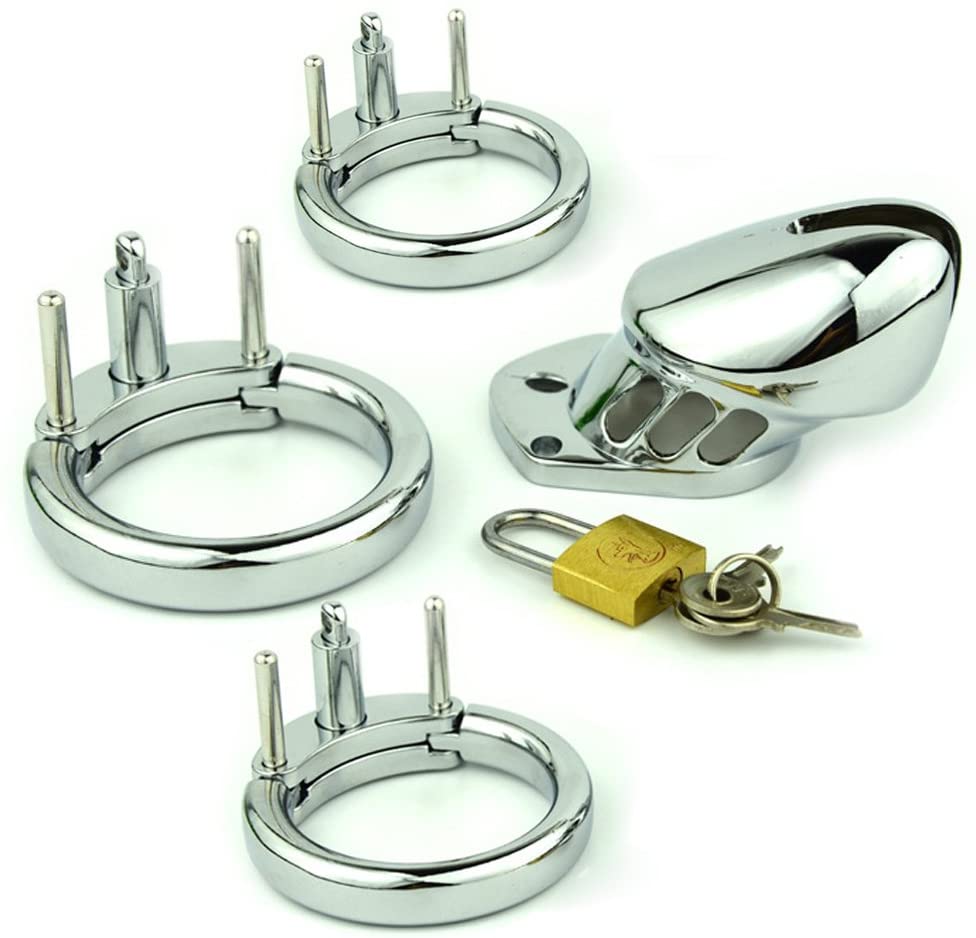 Male Chastity Device Cock Cage - Average Size Chastity Cage with 3 Active Rings & Keys Adult Sex Toy for Men Penis Exercise (Silvery)