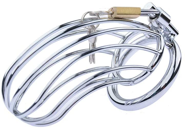 Male Chastity Device Cock Cage Steel Metal Silver Locked Cage Sex Toy for Men (3 Rings), Lock and 2 Keys Included