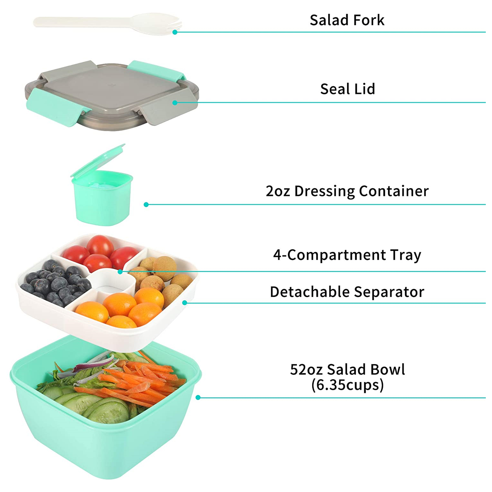 Salad Lunch Containers To Go, Salad Bowls With 3 Compartments, Salad  Tupperware For Salad Toppings
