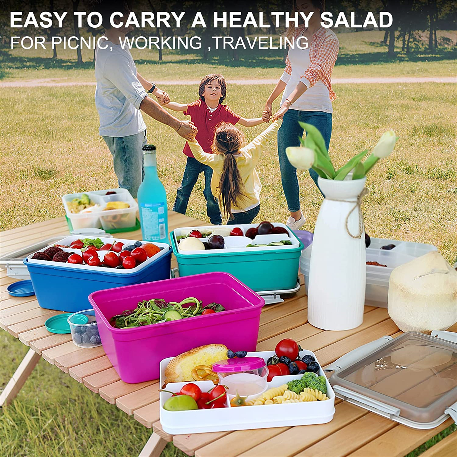 Shopwithgreen Salad Food Storage Container to Go 64oz with 5-Compartment 3 pcs - Dark Green & Rose Red & Dark Blue-shopwithgreen