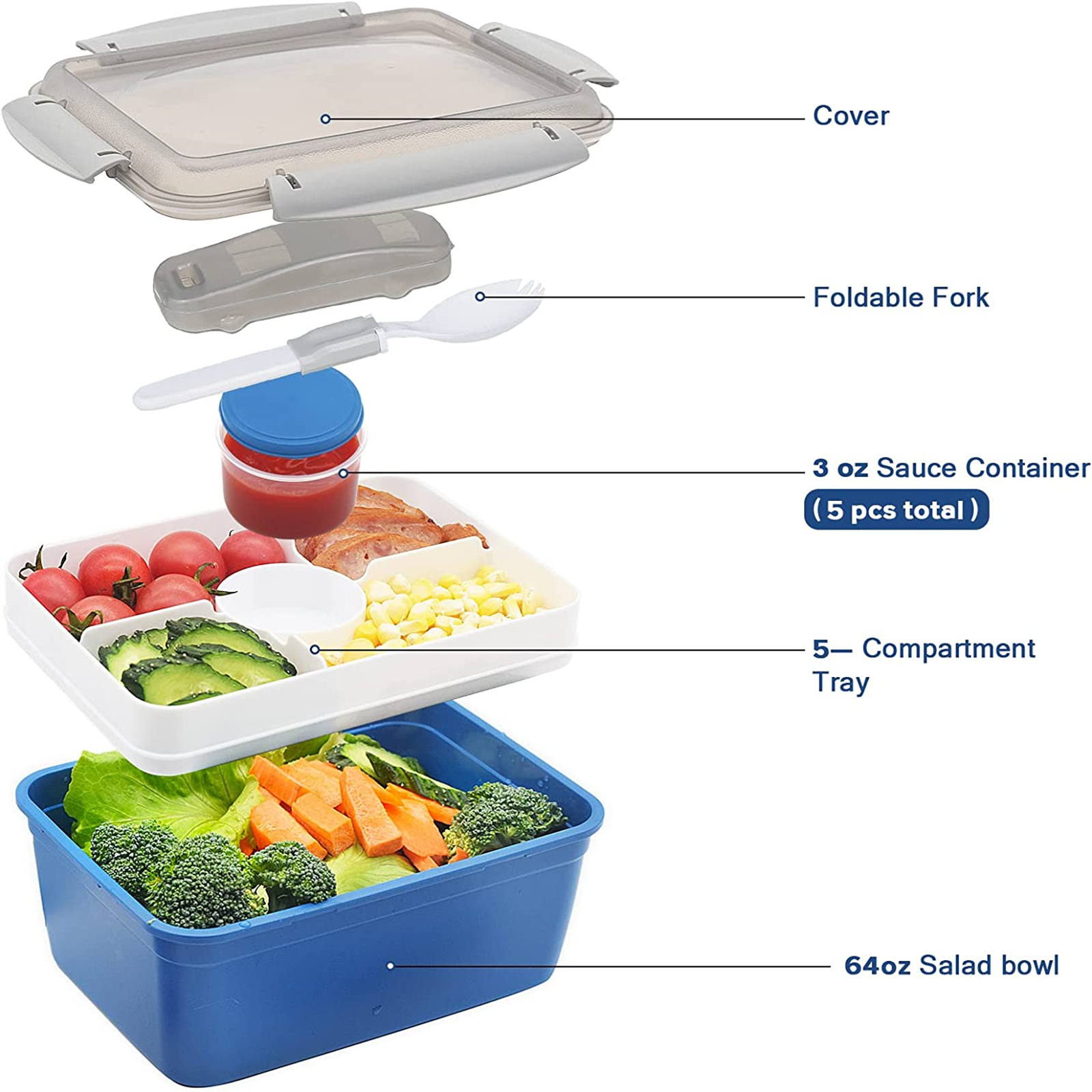 Shopwithgreen Salad Food Storage Container to Go 64oz with 5-Compartment 3 pcs - Dark Green & Rose Red & Dark Blue-shopwithgreen