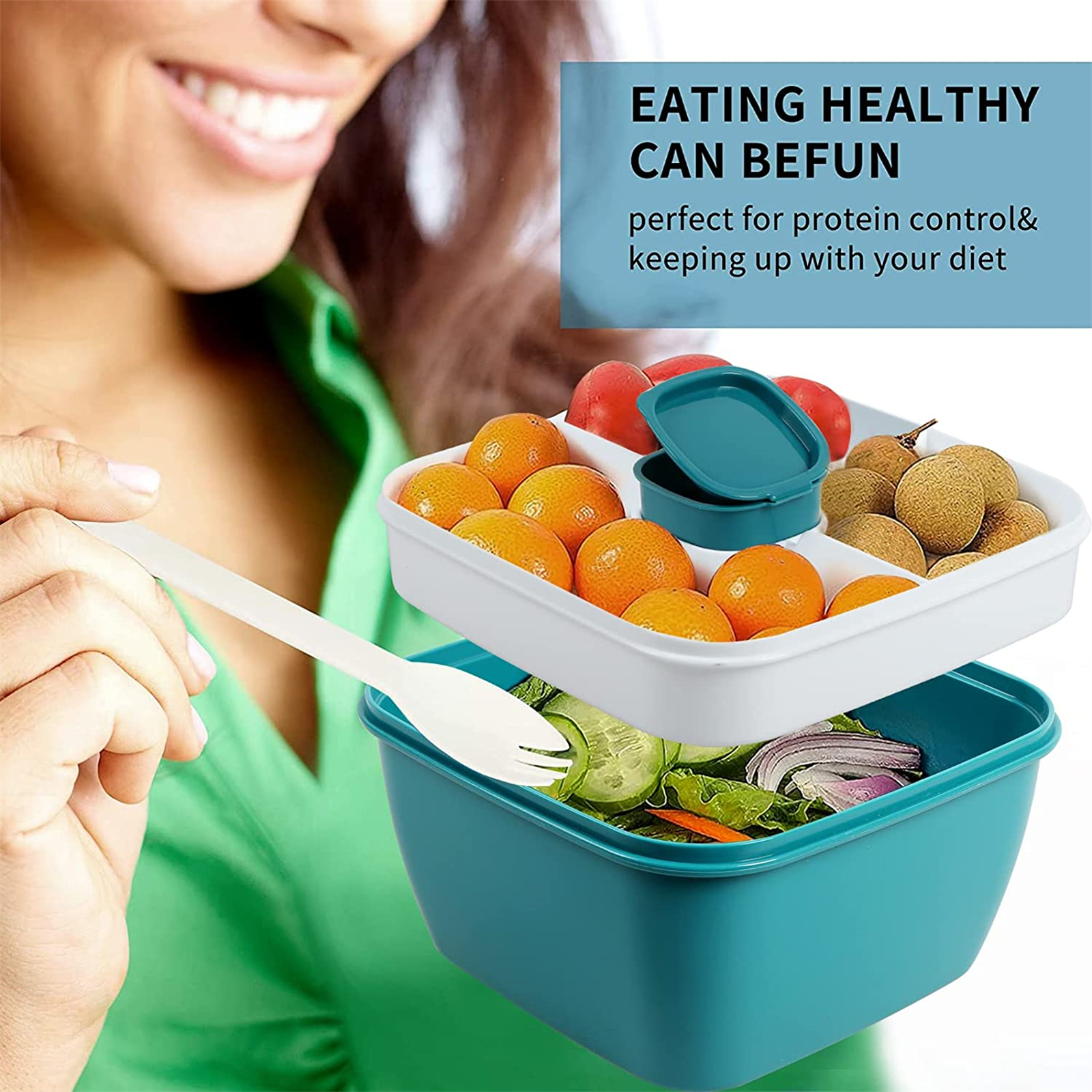 Shopwithgreen 52 OZ to Go Salad Container Lunch Container with 3-Compartment - LightBlue/ArmyGreen/Navy-shopwithgreen