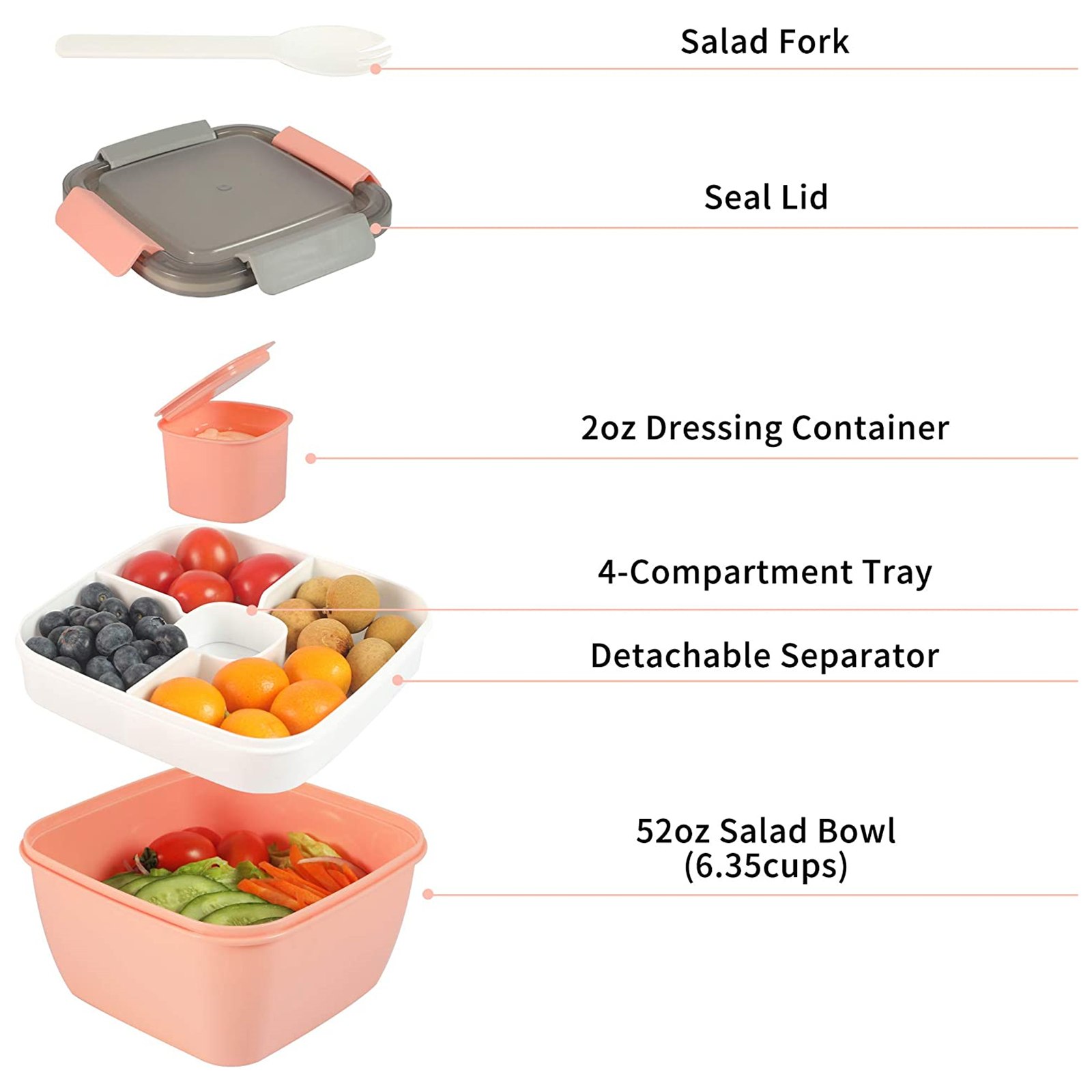 Shopwithgreen 52 OZ to Go Salad Container Lunch Container with 3-Compartment - Pink-3 pcs-shopwithgreen