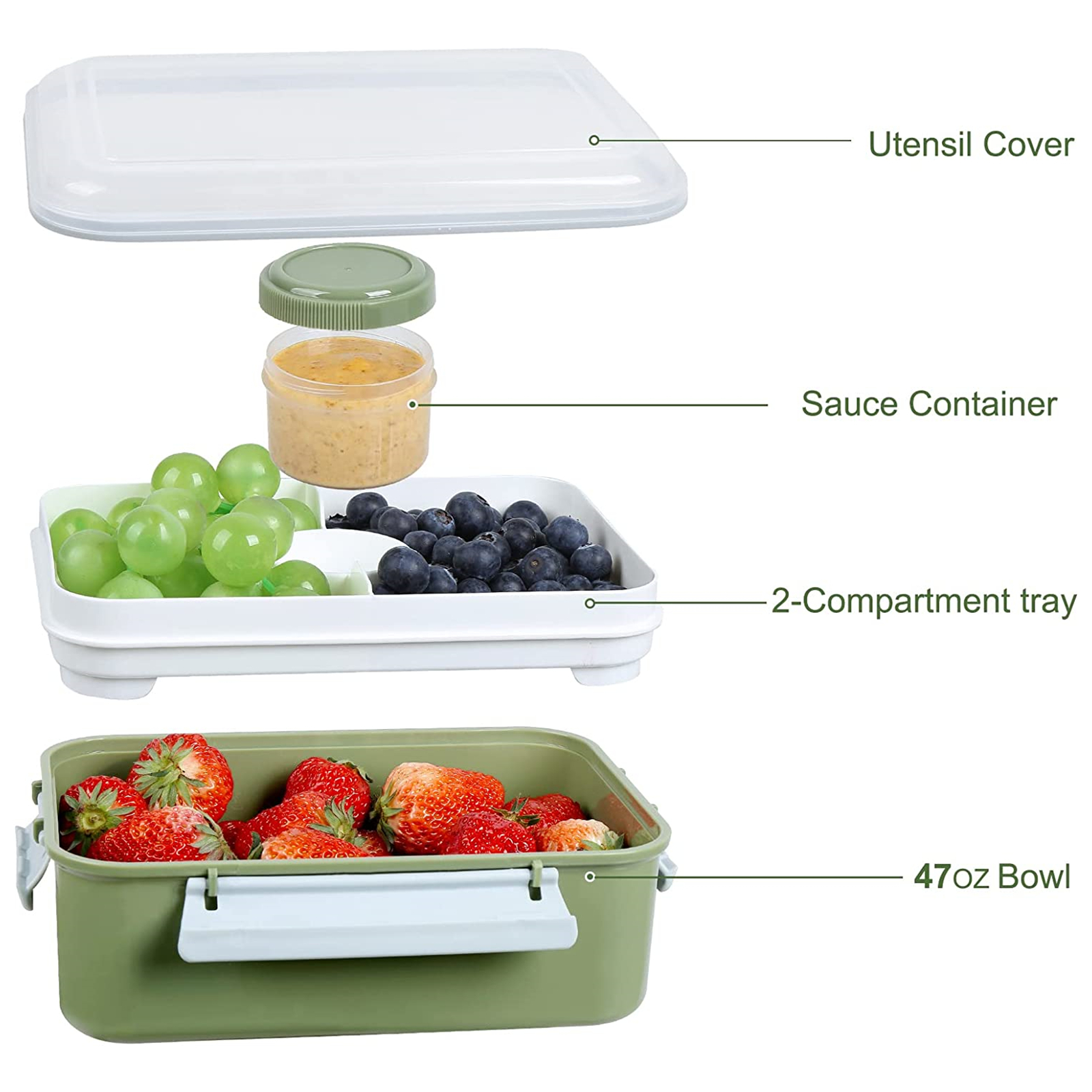 Shopwithgreen Salad Food Storage Container to Go 47-oz with 3-Compartment 3 pcs - Khaki Green-shopwithgreen