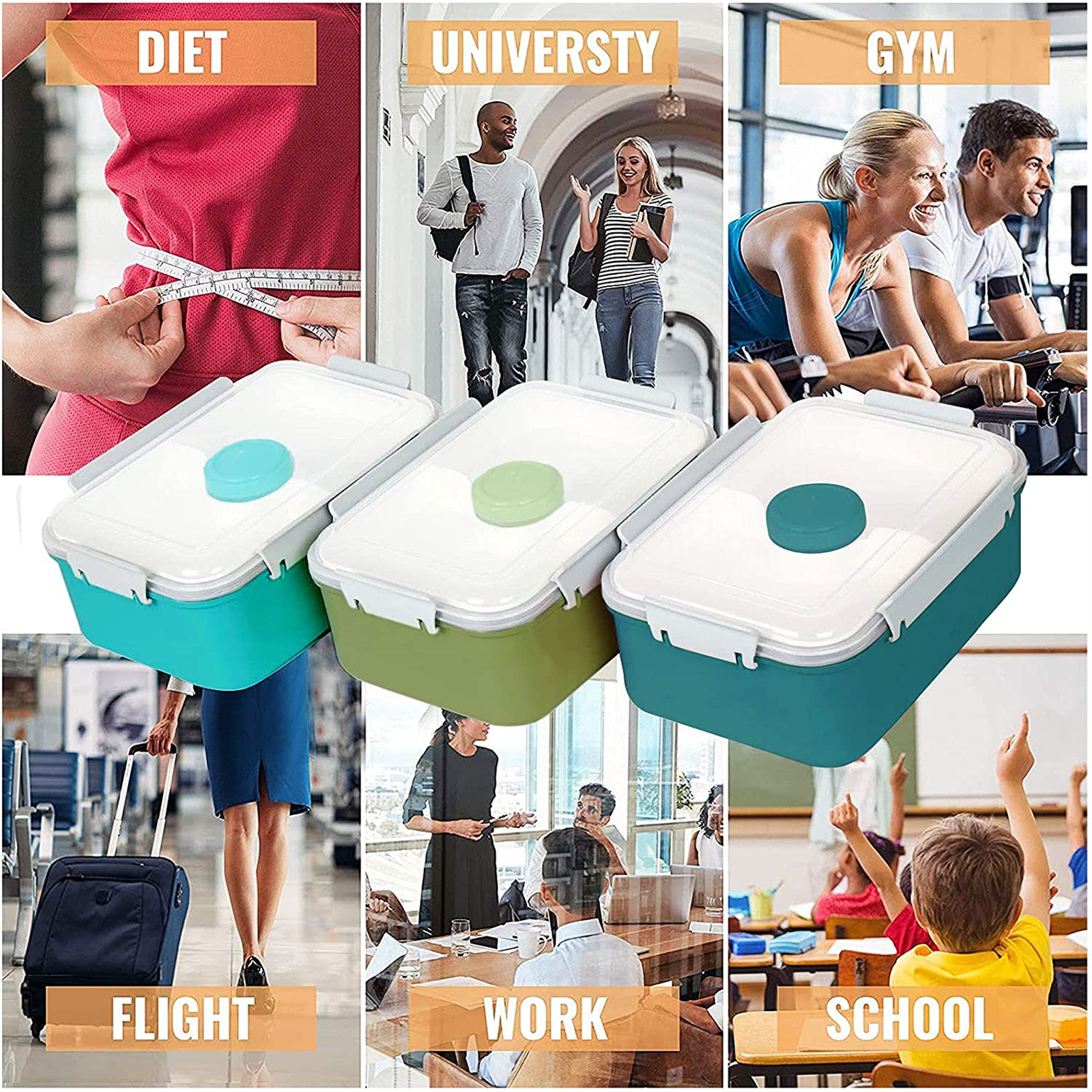 Shopwithgreen Salad Food Storage Container to Go 47-oz with 3-Compartment 3 pcs - Navy & Dark Green & Light Blue-shopwithgreen