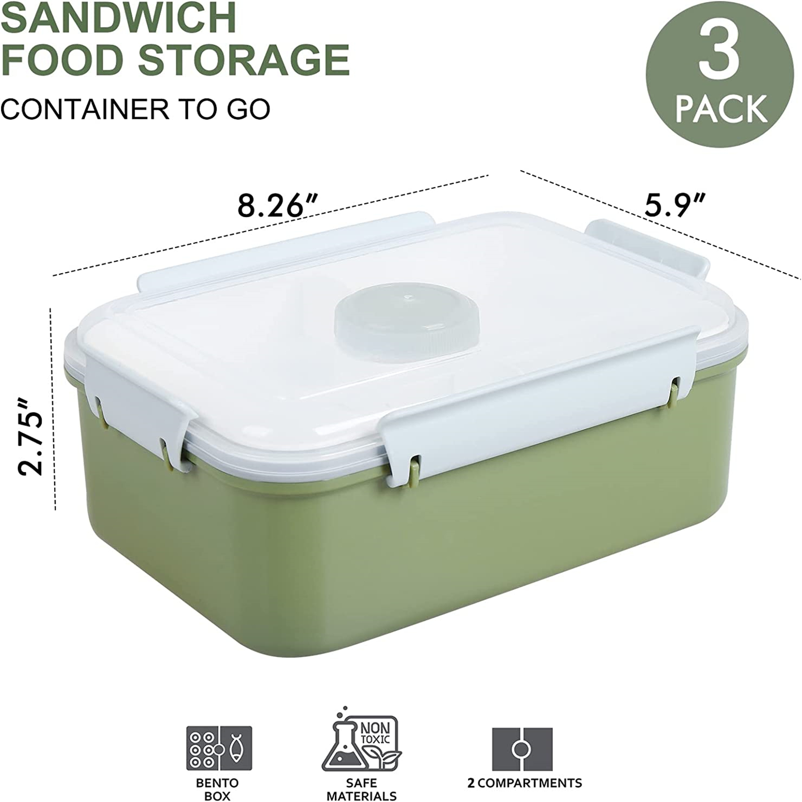 Shopwithgreen Salad Food Storage Container to Go 47-oz with 3-Compartment 3 pcs - Khaki Green-shopwithgreen