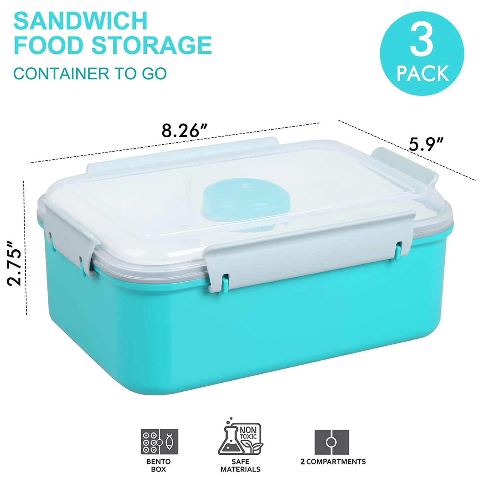 Shopwithgreen Salad Food Storage Container to Go 47-oz with 3-Compartment 3 pcs - Coastal Aqua-shopwithgreen