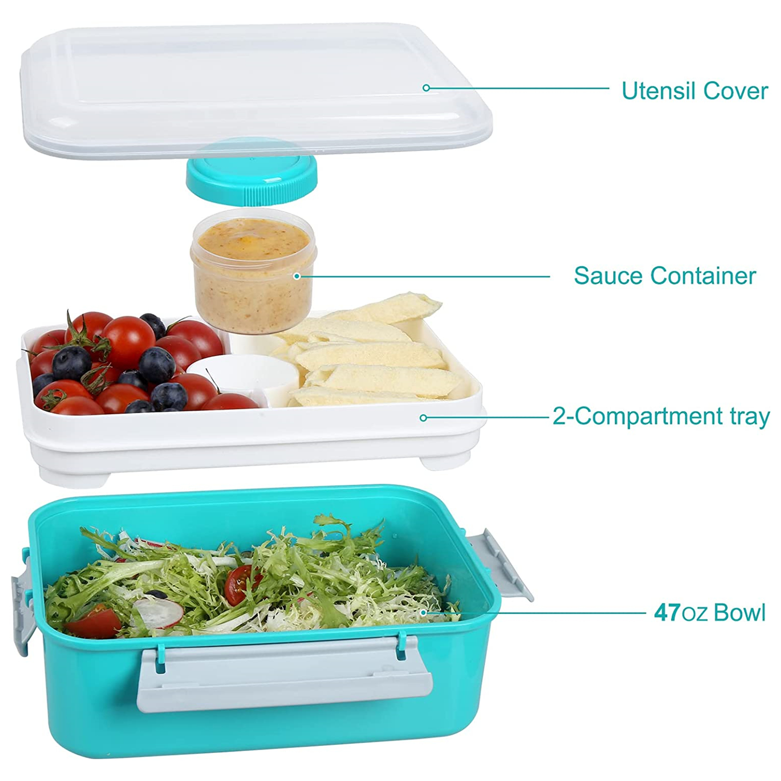 Shopwithgreen Salad Food Storage Container to Go 47-oz with 3-Compartment 3 pcs - Coastal Aqua-shopwithgreen