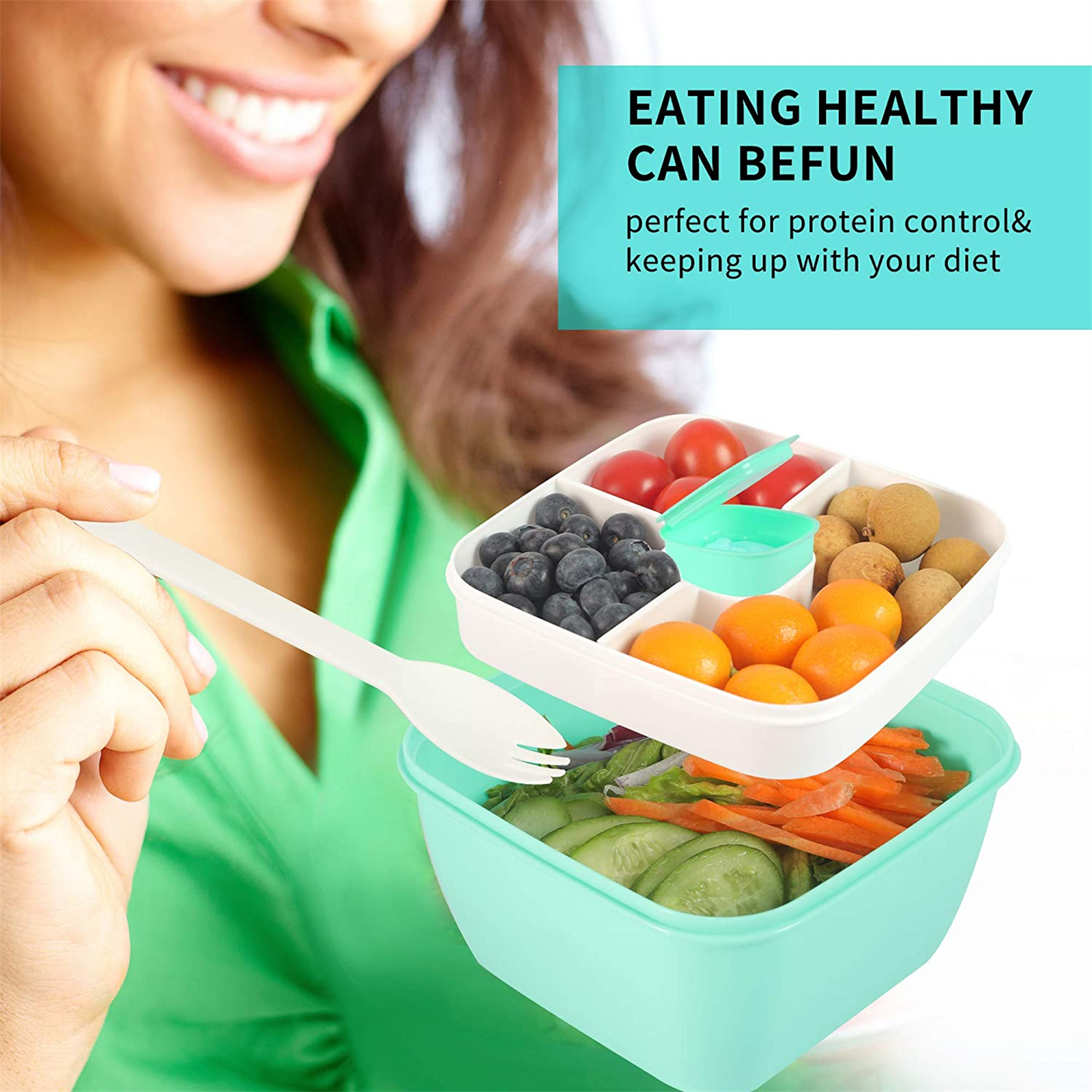 Shopwithgreen 52 OZ to Go Salad Container Lunch Container with 3-Compartment - Green-3 pcs-shopwithgreen