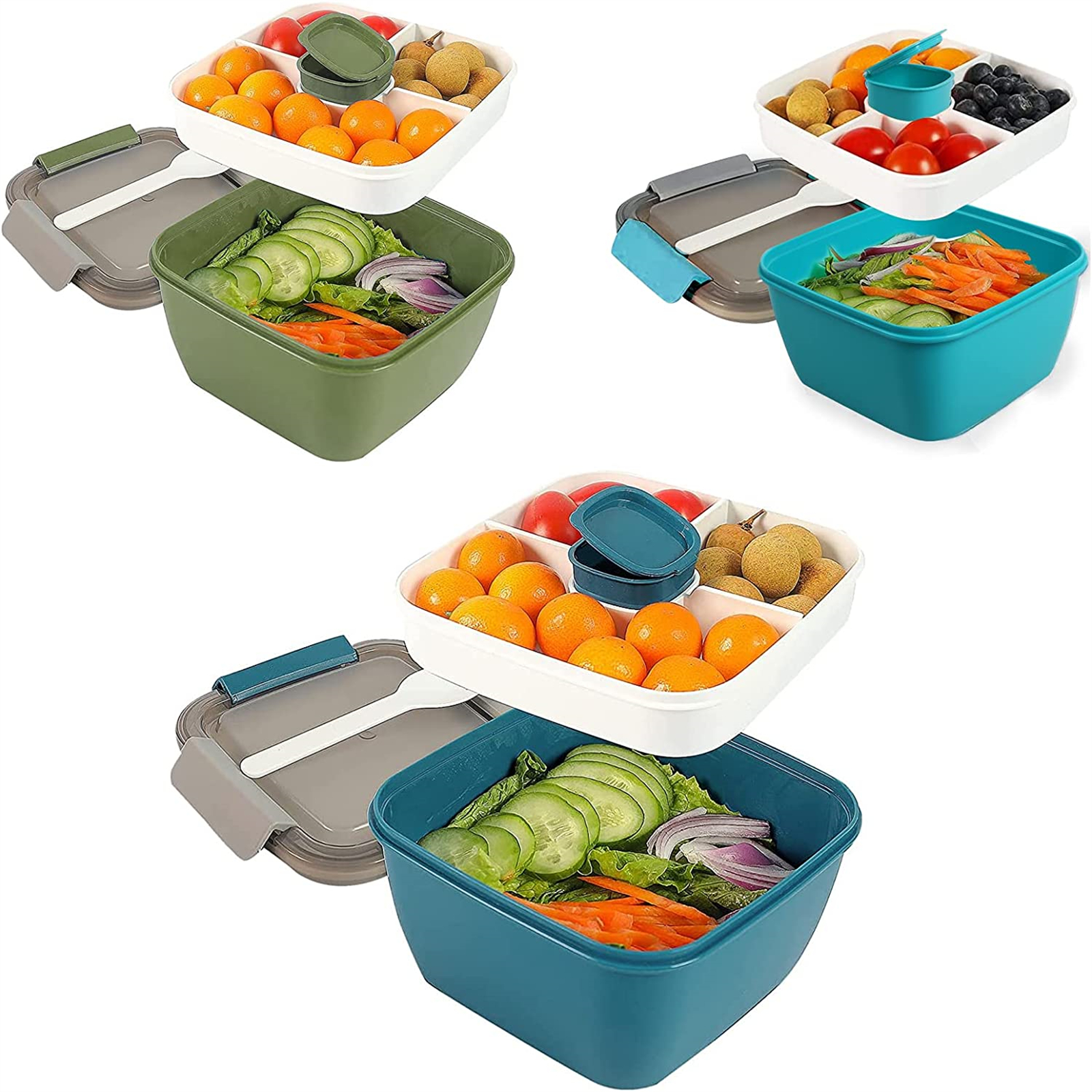 Shopwithgreen 52 OZ to Go Salad Container Lunch Container with 3-Compartment - LightBlue/ArmyGreen/Navy-shopwithgreen