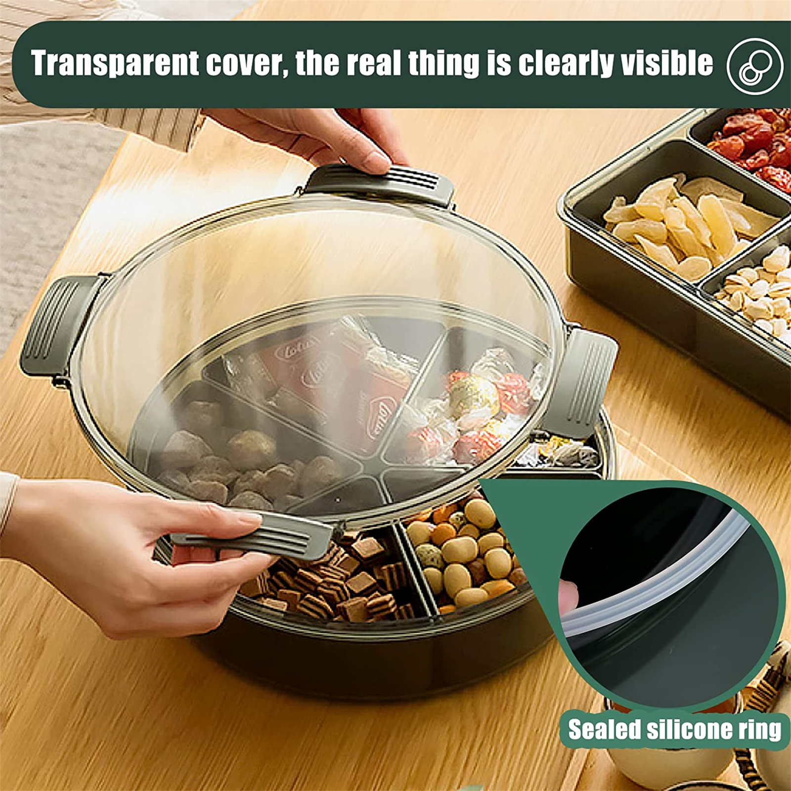Shopwithgreen Divided Serving Tray with Lid & 5 Compartment Removable Dividers - Round Green-shopwithgreen