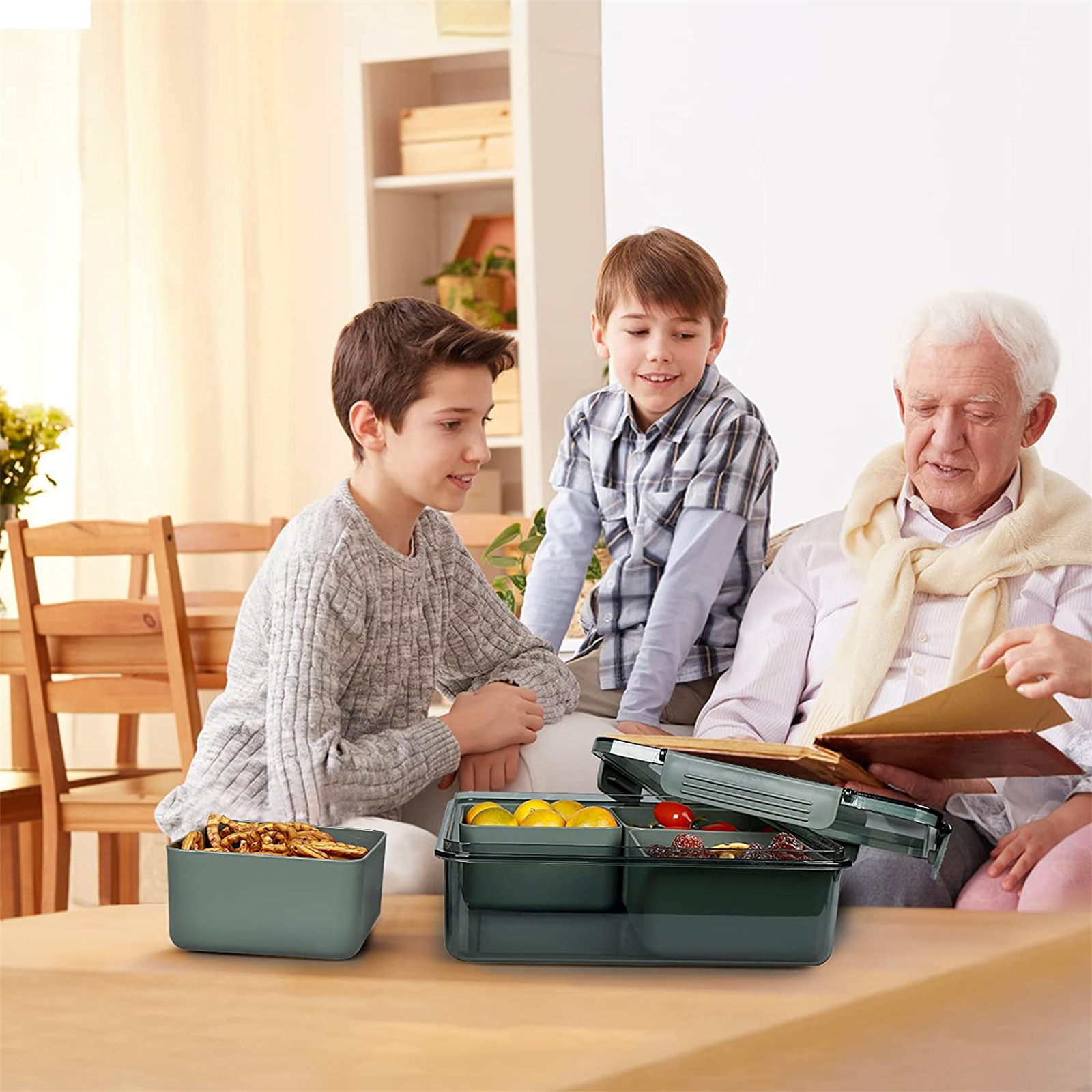 Shopwithgreen Divided Serving Tray with Lid & 4 Compartment Removable Dividers - Square Green-shopwithgreen