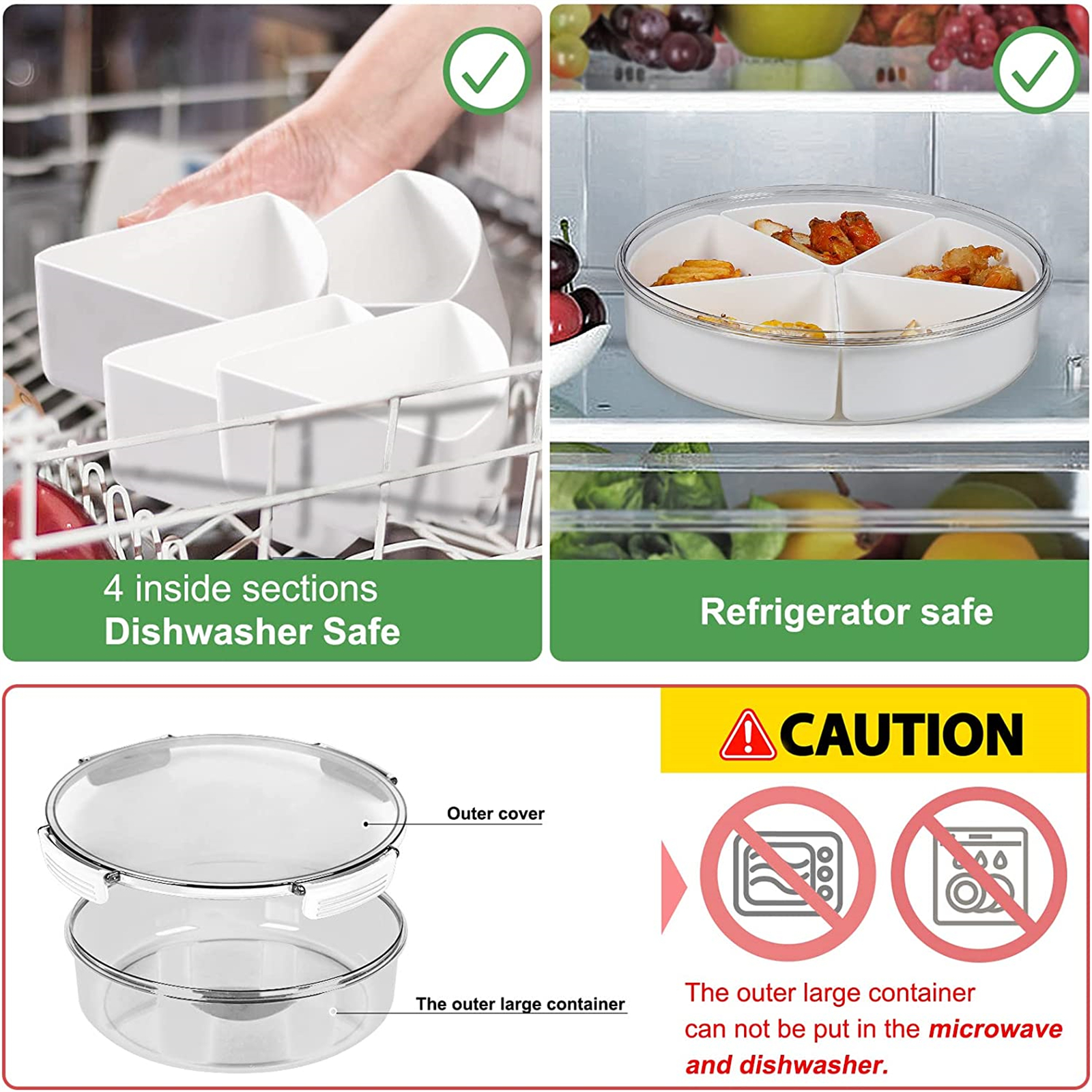 Shopwithgreen Divided Serving Tray with Lid & 5 Compartment Removable Dividers - Round Transparent-shopwithgreen