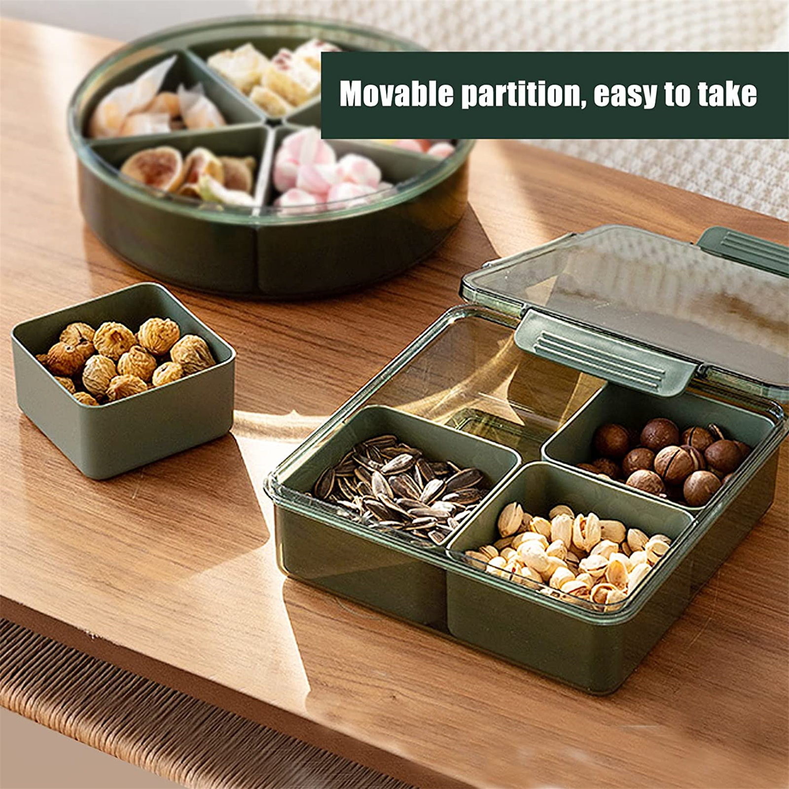 Shopwithgreen Divided Serving Tray with Lid & 4 Compartment Removable Dividers - Square Green-shopwithgreen