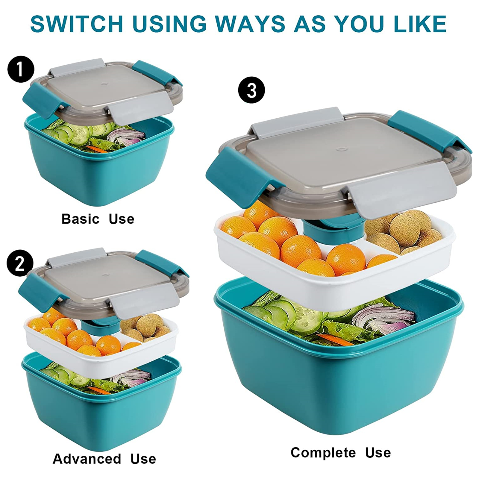 Shopwithgreen 52 OZ to Go Salad Container Lunch Container with 3-Compartment - LightBlue/ArmyGreen/Navy-shopwithgreen