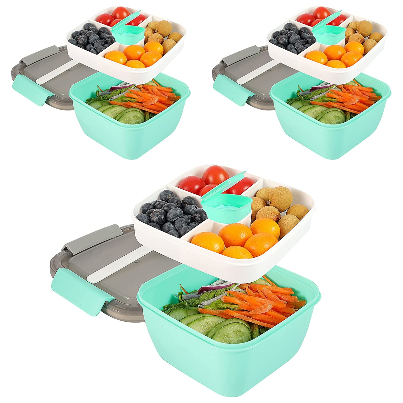 Shopwithgreen 52 OZ to Go Salad Container Lunch Container with 3-Compartment - Green-3 pcs-shopwithgreen