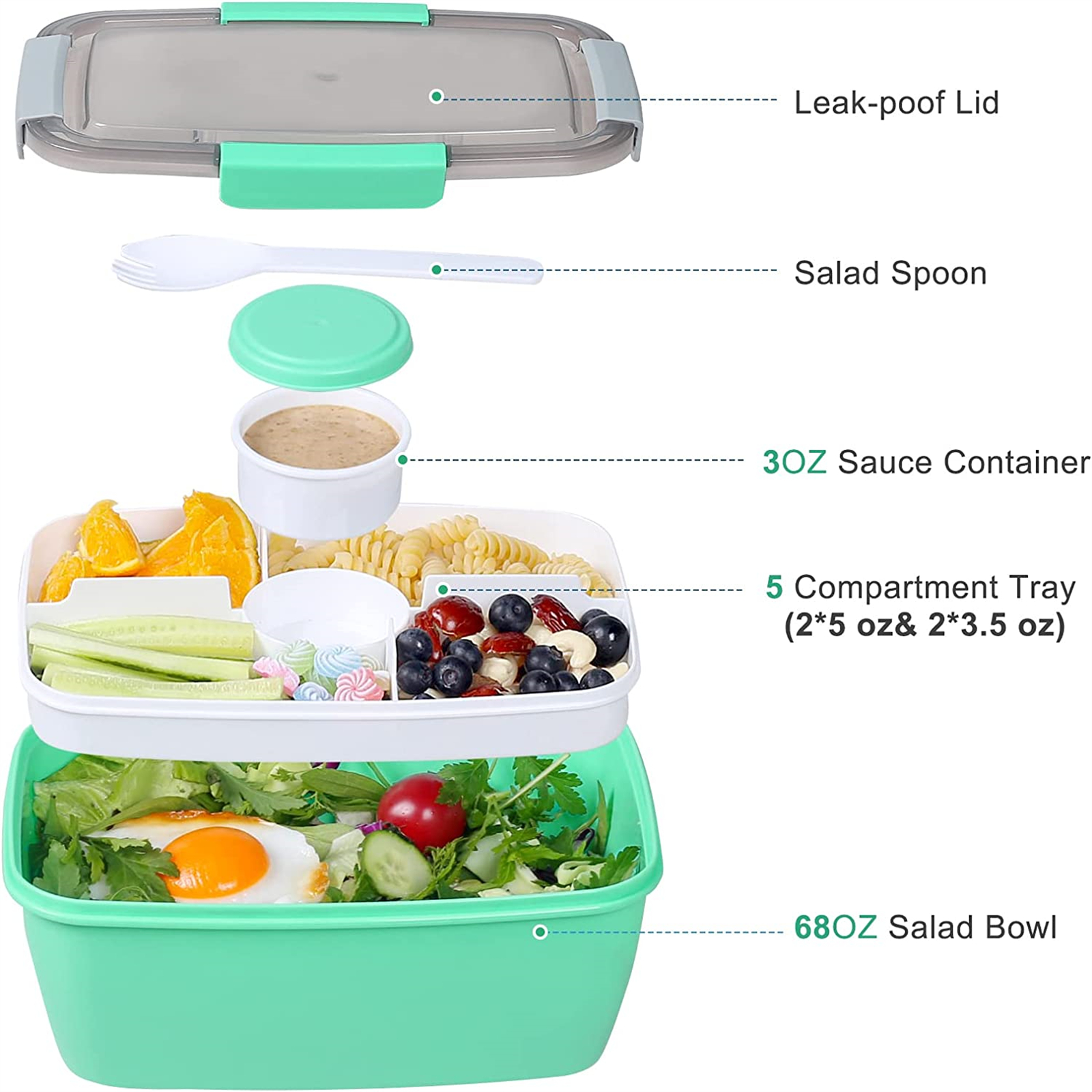 Shopwithgreen 68 OZ to Go Salad Container Lunch Container with 5-Compartment - Green-shopwithgreen