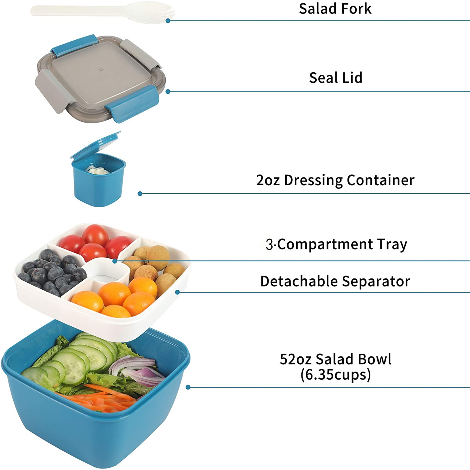 Shopwithgreen 52 OZ to Go Salad Container Lunch Container with 3-Compartment - Blue-shopwithgreen